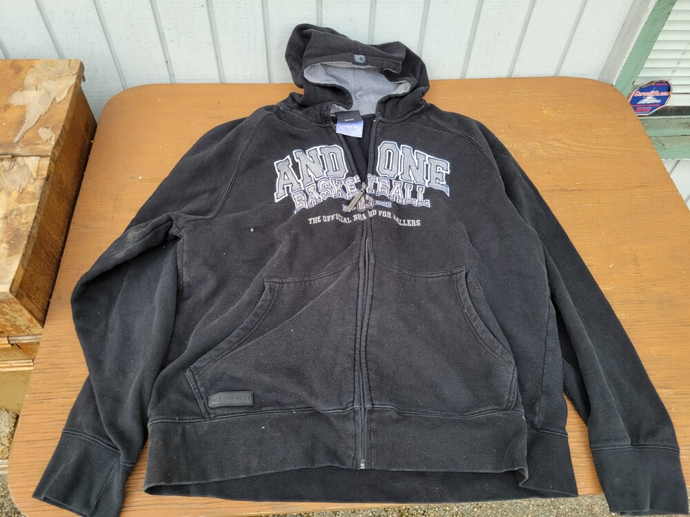 AND1 Basketball Hoodie Mens 2XL Black Long Sleeve Y2K Grunge Cyber Full Zipper
